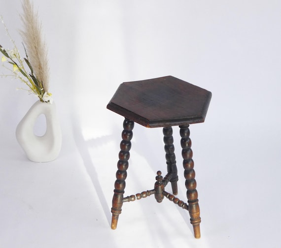 Antique Turned Hexagonal Side Table, Wooden Bobbin Plant Stand, Farmhouse Decor