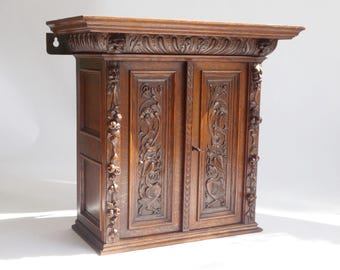 Antique Hand-Carved Gothic Wooden Medicine Cabinet, Victorian Style Wall Cabinet with Dragons, Apothecary, Small Chest