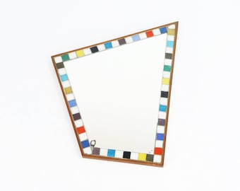 Modern Mid Century Asymmetrical Mosaic Mirror, Dutch Vintage Wall Mirror with Colourful Tiles, Small Dutch Mirror