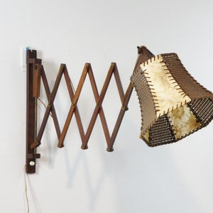 Cute Vintage Wooden Scissor Wall Lamp, Extendable 60s Light with Patched Shade, Accordion Lamp with Beige and Brown Fabric Shade