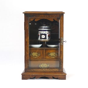 Antique Wooden Humidor Smokers Cabinet with Brass Details, Edwardian Cigar Pipe Display with Porcelain, Small Oak cabinet with Lock and Key