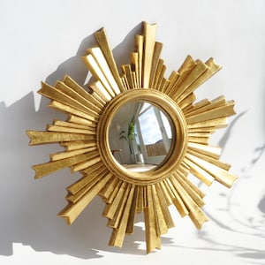 Small Vintage Convex Sun Mirror, Golden Sunburst Hollywood Regency Butler Wall Mirror, Wall Decor