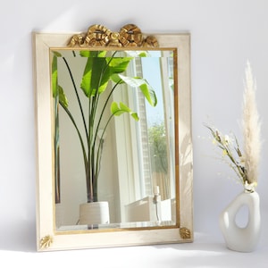 Antique French Wooden Gilded Wall Mirror, Rectangular Mirror in Beige with Gold Details, Ornate Mirror with Bow