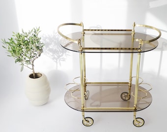 Vintage Unique Neoclassical Oval Brass Bar Cart, 1960's Ornate Trolley with Smoked Glass, Hollywood Regency Cocktail Cart, Tea Cart