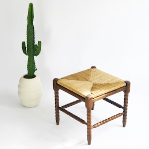 Wooden Antique Bobbin Foot Stool with Rush Top, Side Table with Barley Twist and Wicker, Small Bench Farmhouse Decor