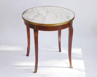 Antique French Round Coffee Table, Louis XV Style Side Table with Mable Top and Brass Details