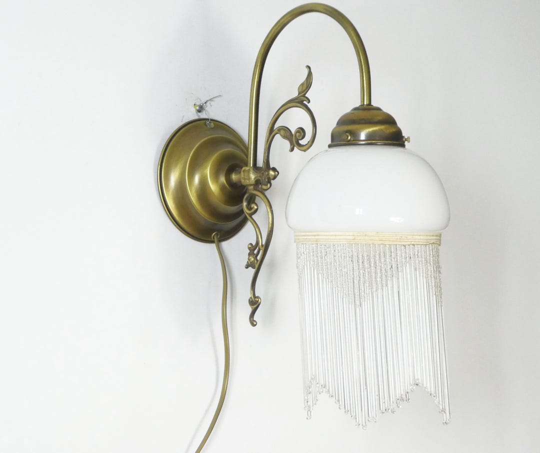 Vintage French Glass Wall Lamp With Beads and Brass Base, Beautiful ...
