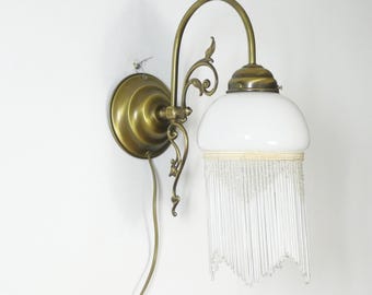 Vintage French Glass Wall Lamp with Beads and Brass Base, Beautiful Wall Sconce, Art Nouveau Lighting