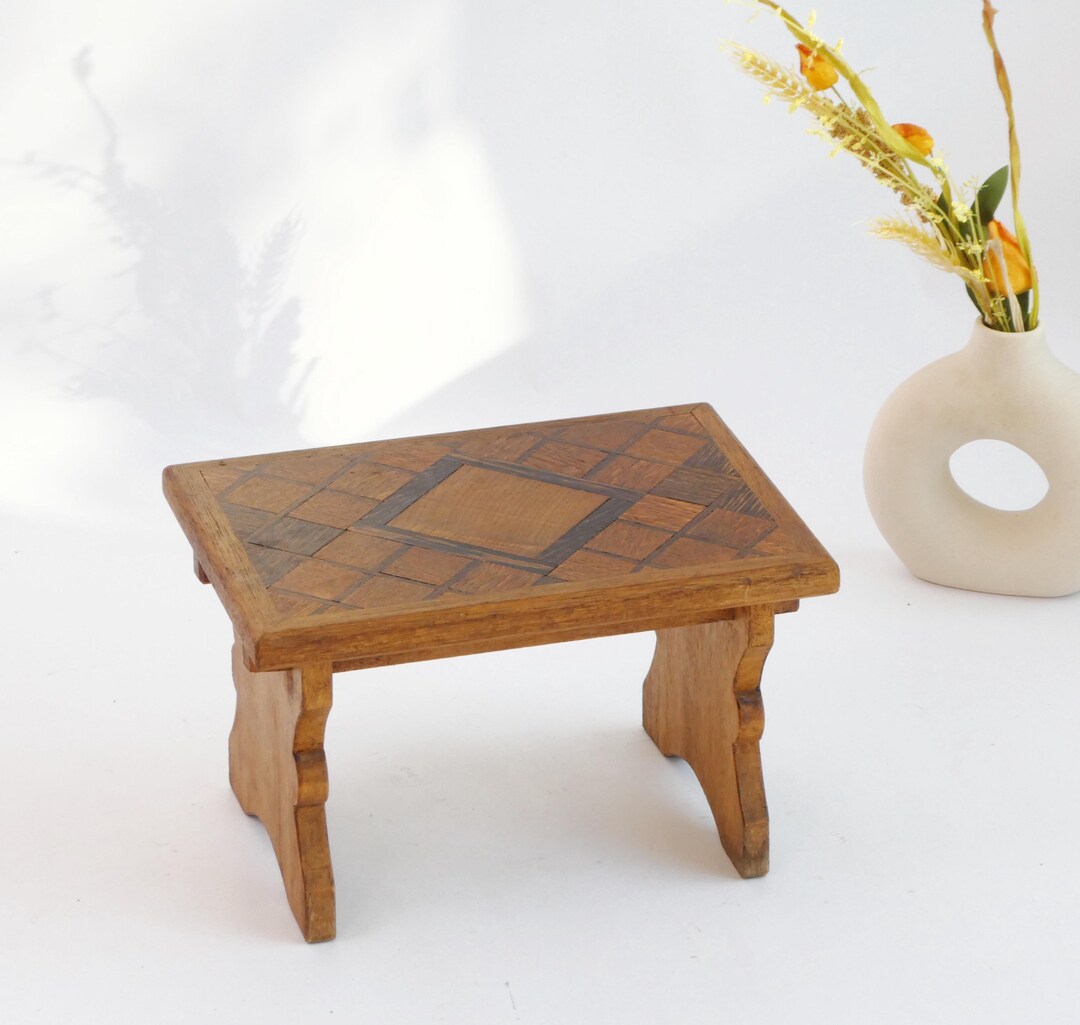 Antique Wooden Small Stool With Carved Details, Wooden Plant Stand ...
