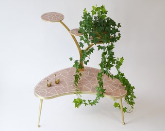 Rare Mid Century Pink Plant Stand with Ceramic Tiles and Golden Rim, Vintage German Side Flower Table, Atomic Kindey Table