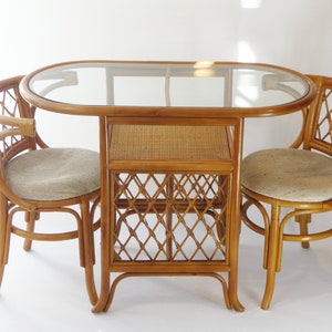 Vintage Bamboo Bistro Dining Set with Glass Top, Wicker Boho Table with Chairs, Garden Outdoor Set, Beautiful Patio Set