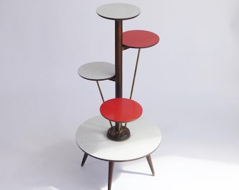 Soporte para plantas vintage de mediados de siglo Ilse Möbel, mesa de flores alemana de 4 niveles en rojo y blanco