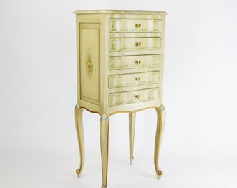 Bellissimo tavolino francese vintage in stile Luigi XV, cassettiera alta dipinta a mano, comodino floreale, comodino
