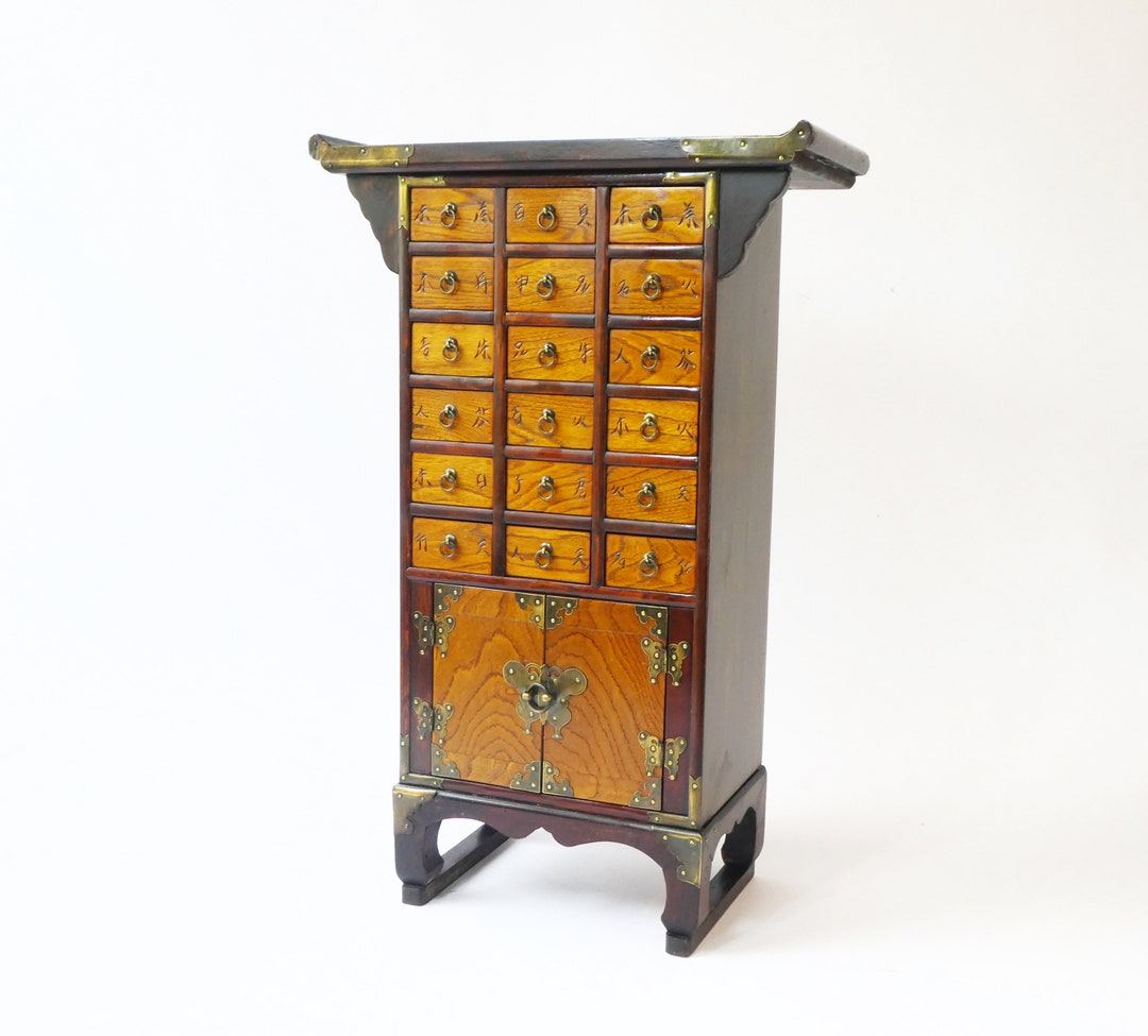 Amazing Korean Wooden Medicine Chest With Drawers, Vintage Apothecary