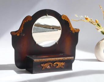 Mueble de tocador pequeño de madera antigua con espejo y cajón, mueble Art Déco con espacio de almacenamiento, consola con tallado floral.