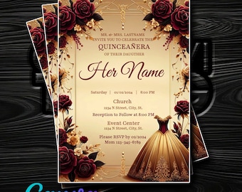 Elegant Burgundy & Beige Floral Quinceañera Invitation - Customizable in Canva - Instant Digital Delivery