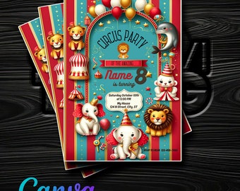 Circusextravaganza! Verjaardagsuitnodiging met babydierenthema - bewerkbaar in Canva - nu downloaden