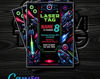 Strijd klaar! Lasergame verjaardagsfeestje uitnodiging - aanpassen in Canva - direct downloaden