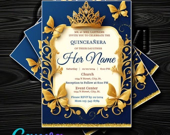 Royal Blue & Gold Butterflies Quinceañera Invitation - Customize in Canva - Instant Digital Delivery