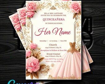 Elegant Pink, Beige, Gold Quinceañera Invitation with Crown and Dress - Customize in Canva - Instant Digital Delivery