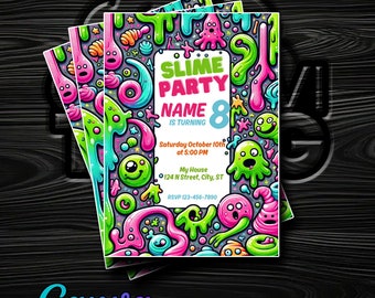 Verjaardagsfeestje met slijmthema! Bewerkbare Canva-uitnodiging - snelle digitale levering