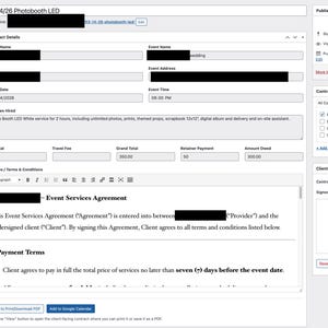 Op de afbeelding: Schermafbeelding van een digitaal contract voor het huren van een fotohokje. Het formulier toont evenementdetails, klantinformatie en servicespecificaties. Het bevat betalingsvoorwaarden en een sectie voor handtekeningen.
