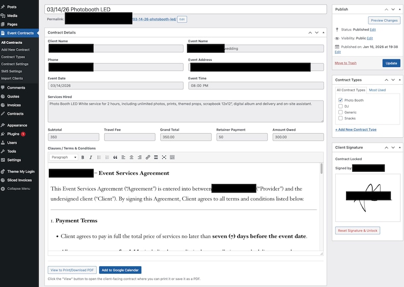 Op de afbeelding: Schermafbeelding van een digitaal contract voor het huren van een fotohokje. Het formulier toont evenementdetails, klantinformatie en servicespecificaties. Het bevat betalingsvoorwaarden en een sectie voor handtekeningen.