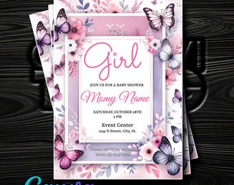 It's a Girl! Baby Shower Invitation - Pink & White with Butterflies - Customizable in Canva - Instant Delivery