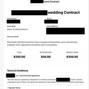 Op de afbeelding: Een huwelijkscontractdocument met een logo, klantinformatie en servicegegevens. Het contract bevat algemene voorwaarden, betalingsvoorwaarden en verantwoordelijkheden van de leverancier. Het totale verschuldigde bedrag is $300,00.