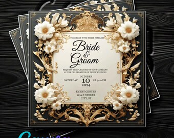 White and Gold Elegant Floral Wedding Invitation - Fully Customizable in Canva - Instant Digital Delivery