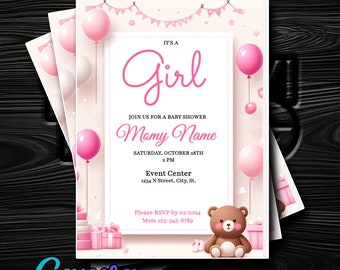 It's a Girl! Baby Shower Invitation - Pink and White with Teddy Bear and Balloons - Edit in Canva - Instant Delivery