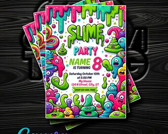 Faire-part d'anniversaire Slime Time - Design coloré et ludique - Personnalisez-le sur Canva, accès instantané