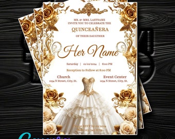 Elegant Gold & White Quinceañera Invitation - Floral and Gold Dress Design - Edit in Canva for Instant Delivery