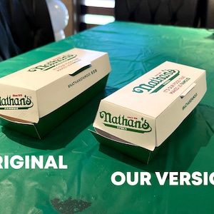 K&ouml;nnte beinhalten: Zwei Nathan's Famous Hotdog-Verpackungen, eine ist die Originalverpackung und die andere eine kleinere Version. Die Originalverpackung ist wei&szlig; mit gr&uuml;nem Rand und dem Text "Nathan's Famous" in Rot und Schwarz. Die kleinere Verpackung ist wei&szlig; mit gr&uuml;nem Rand und dem Text "Nathan's Famous" in Rot und Schwarz. Der Text "It's our food that makes us famous" ist auf der kleineren Verpackung aufgedruckt.