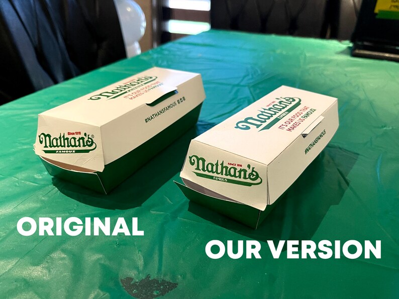 K&ouml;nnte beinhalten: Zwei Nathan's Famous Hotdog-Verpackungen, eine ist die Originalverpackung und die andere eine kleinere Version. Die Originalverpackung ist wei&szlig; mit gr&uuml;nem Rand und dem Text "Nathan's Famous" in Rot und Schwarz. Die kleinere Verpackung ist wei&szlig; mit gr&uuml;nem Rand und dem Text "Nathan's Famous" in Rot und Schwarz. Der Text "It's our food that makes us famous" ist auf der kleineren Verpackung aufgedruckt.