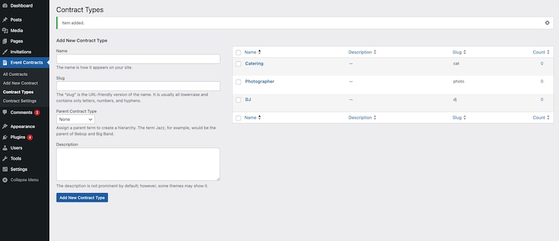 Op de afbeelding: Schermafbeelding van een website-interface met de titel "Contract Types". De linkerkantbalk toont navigatie-opties, waaronder "Event Contracts". Het hoofdinhoudsgebied toont velden voor het toevoegen van nieuwe contracttypen, waaronder "Name", "Description" en "Slug".