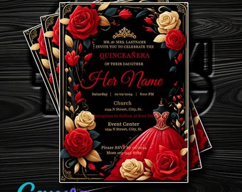 Regal Red, Black en Gold Quinceañera uitnodiging met kroon en jurk - Aanpasbaar in Canva - Instant Digitale Levering