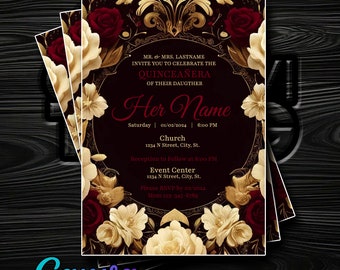 Burgundy & Beige Floral Quinceañera Invitation with Gold Accents - Editable in Canva - Instant Digital Delivery