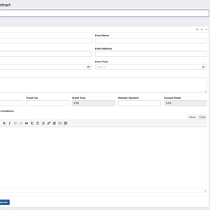 Op de afbeelding: Schermafbeelding van een digitaal contractformulier met velden voor klantgegevens, evenementinformatie en financi&euml;le voorwaarden. De interface bevat opties om te publiceren, op te slaan en contracttypen toe te voegen.