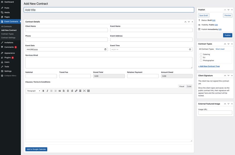 Op de afbeelding: Schermafbeelding van een digitaal contractformulier met velden voor klantgegevens, evenementinformatie en financi&euml;le voorwaarden. De interface bevat opties om te publiceren, op te slaan en contracttypen toe te voegen.
