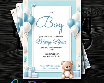 It's a Boy! Baby Shower Invitation with Teddy Bear & Balloons - Editable in Canva - Instant Digital Delivery