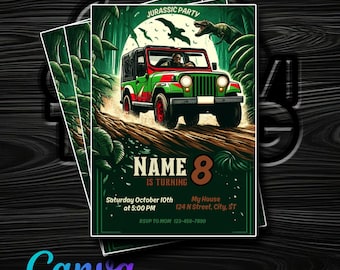 Jurassic Party verjaardagsuitnodiging in Canva - dinosaurusthema - directe toegang