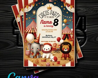 Little Animal Circus Birthday Bash Uitnodiging - Aanpasbaar in Canva - Directe toegang
