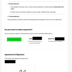 Op de afbeelding: Een wit document met tekst waarin de algemene voorwaarden worden beschreven, inclusief overwerk, technische storingen en wijzigingsverzoeken. Betalingsopties zijn Cash App, Zelle en Apple Pay. Het document wordt afgesloten met een handtekening.
