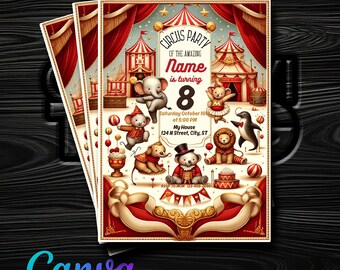 Magical Circus with Baby Animals Birthday Invitation - Create in Canva - Instant Digital Delivery