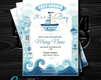 It's a Boy! Nautical Baby Shower Invitation - Blue & White with Boat Toys - Editable in Canva - Instant Delivery