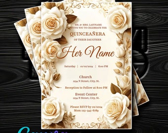 Elegant Gold & Beige Quinceañera Invitation with Floral Accents - Customize in Canva, Instant Delivery