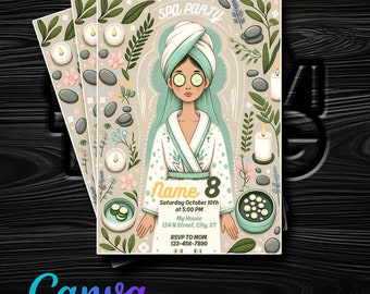 Relax & Celebrate! Girls Spa Theme Birthday Invitation - Editable in Canva - Instant Digital Delivery