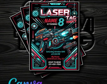 Lasergame verjaardagsuitnodiging - Canva-sjabloon - snelle digitale toegang
