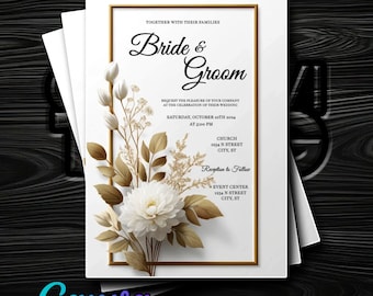 Luxurious Gold Floral Wedding Invitation - Editable in Canva - Instant Digital Delivery